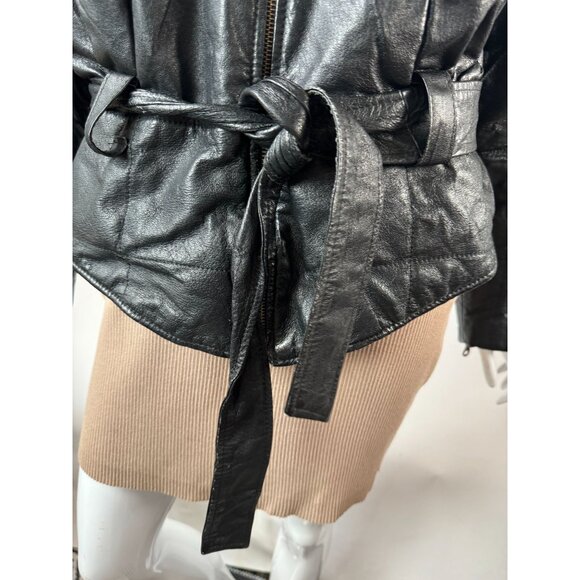 Genuine Leather Northern Style Womens Jacket With Belted Waist Zip Size L Black - Picture 6 of 16